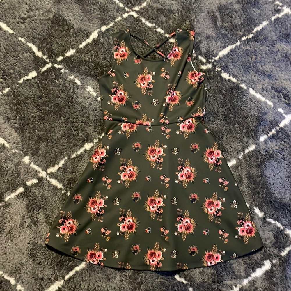 Girls green dress with pink floral pattern , size 14
